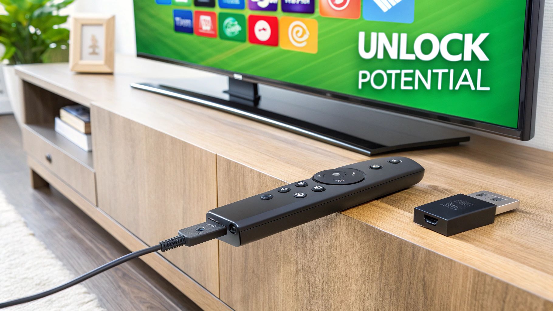 A person using a Firestick remote to navigate a TV screen showing streaming options