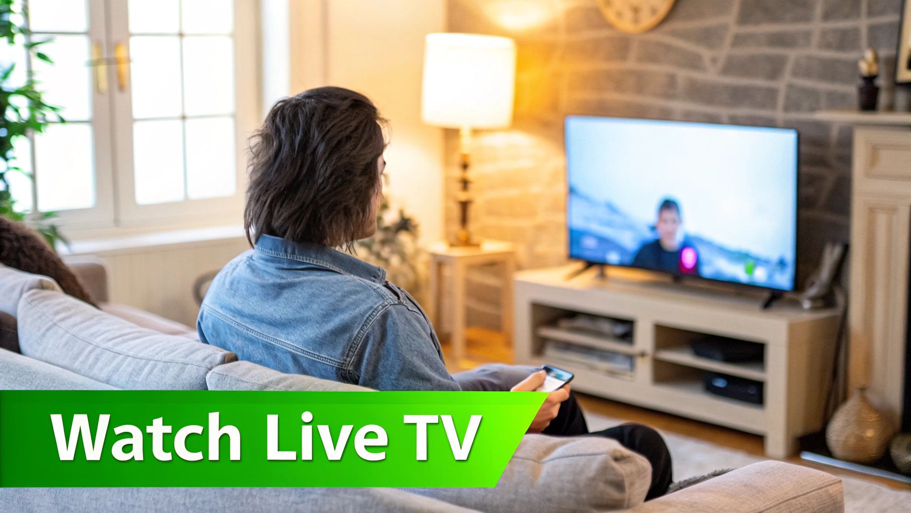 A person relaxing on a couch, holding a remote and watching live sports on a large screen TV.