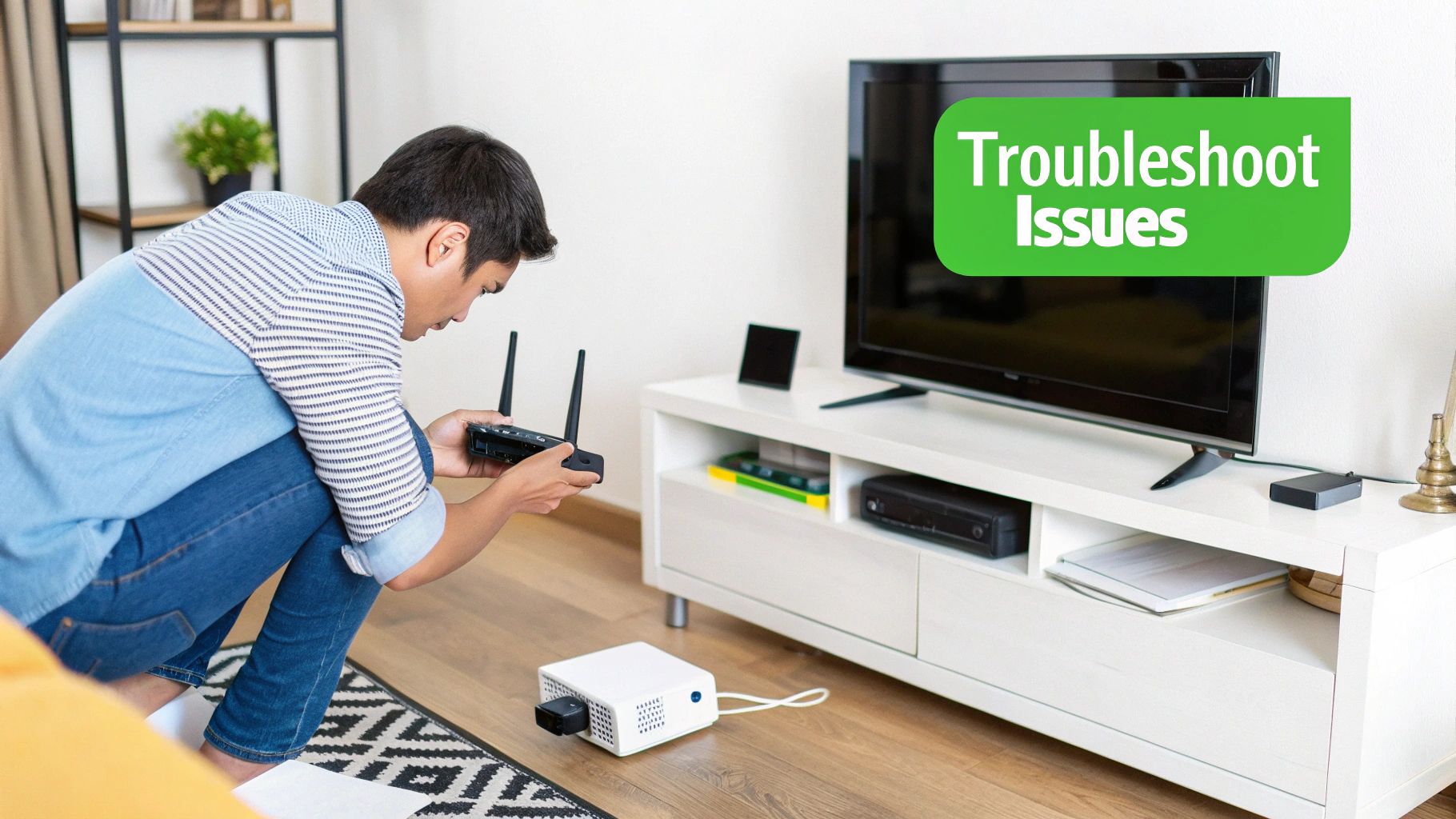 A person looking at a tablet with a frustrated expression, while a large TV in the background shows a loading symbol.
