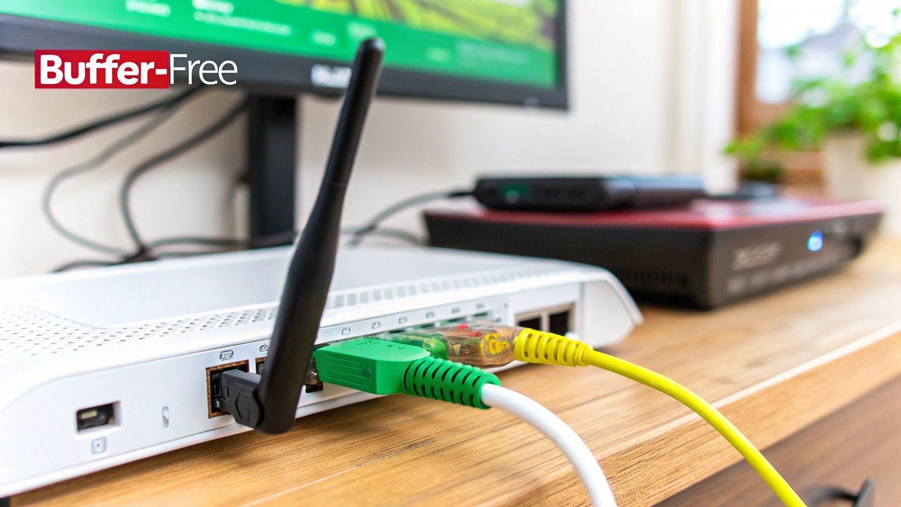 A close-up shot of an Ethernet cable plugged into a router, with glowing lights indicating an active connection.