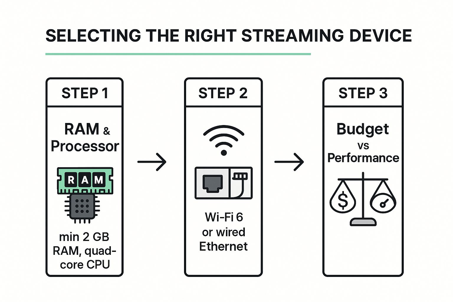 Infographic showing a 3-step process for choosing an IPTV streaming device, focusing on RAM, Connectivity, and Budget.