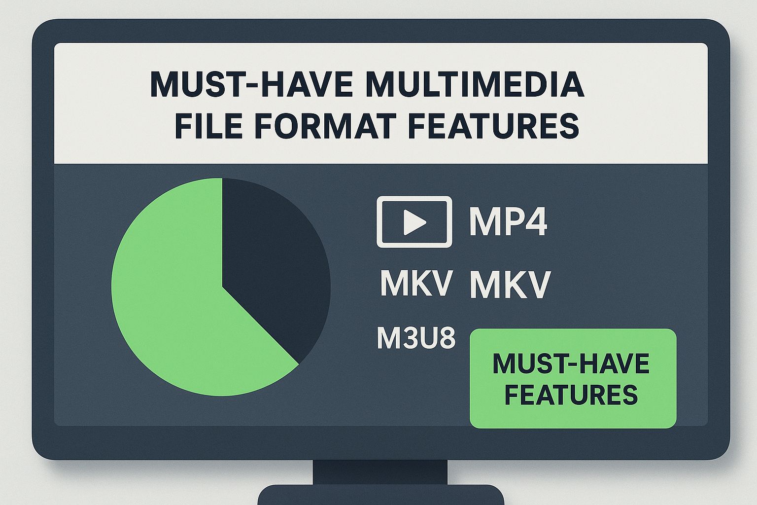Infographic displaying icons for MP4, MKV, and M3U8 formats on a digital screen with a text block titled 'Must-Have Features'.