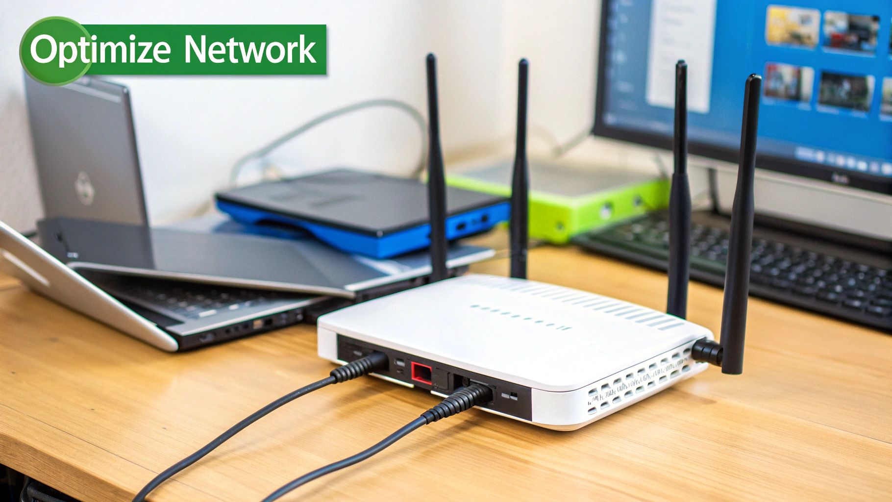 A modern Wi-Fi router placed in a central location in a home, with signal waves emanating from it, illustrating optimal network setup for streaming.