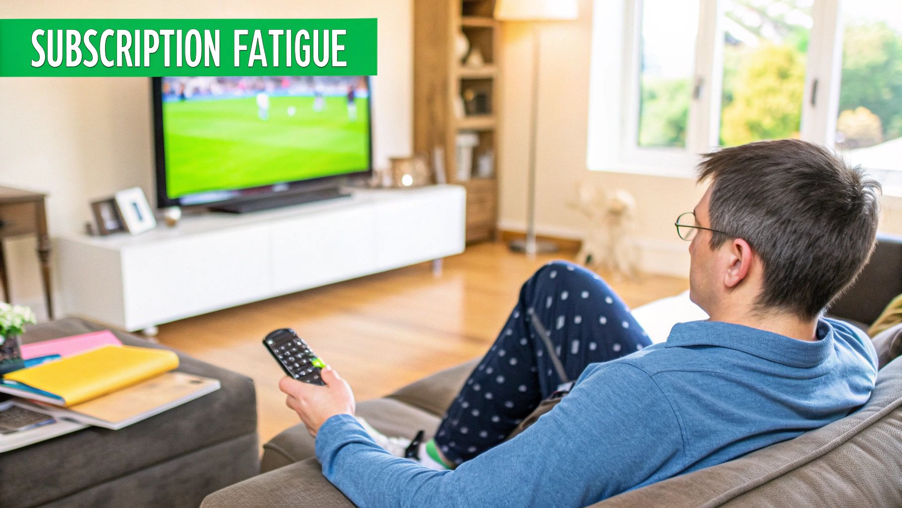 A person relaxing on a couch, holding a remote and watching a large screen TV.