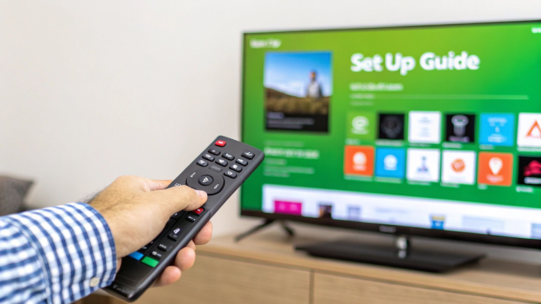A modern living room setup with a large screen TV showing a high-quality stream, and a streaming device on the media console.