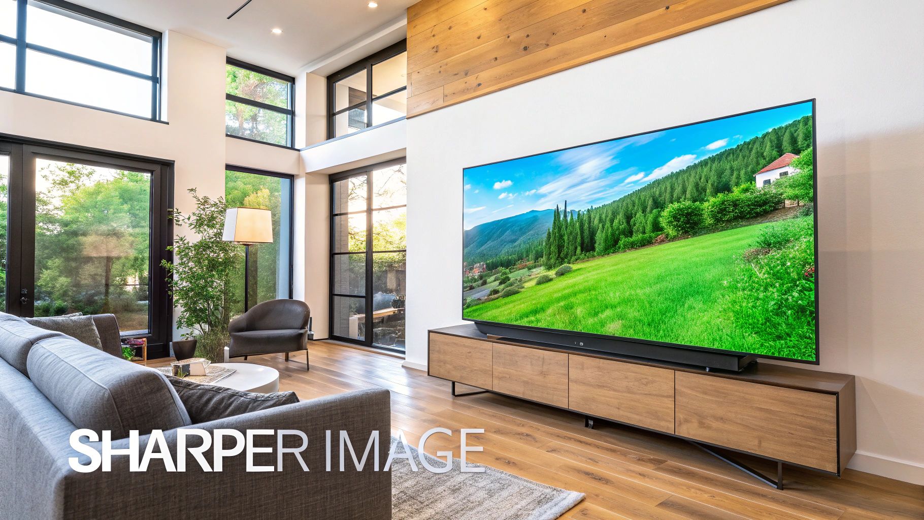 A modern living room with a large 4K TV displaying a vibrant nature scene.