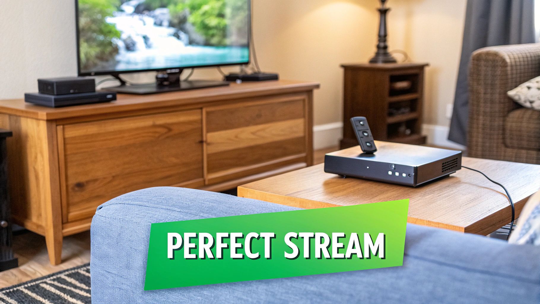 A modern living room setup with a large screen TV, a sleek soundbar, and a small streaming box, creating an immersive home cinema feel.