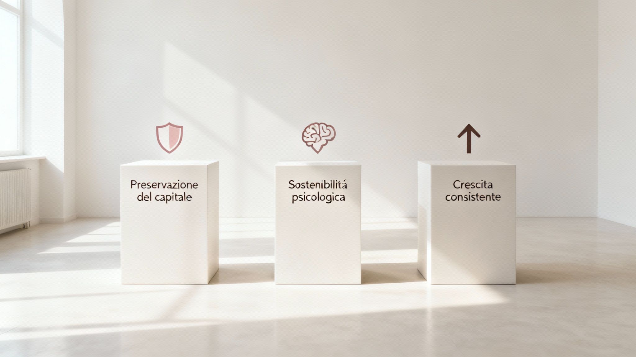 Tre pilastri bianchi con icone e testi: protezione del capitale, sostenibilità psicologica e gestione del rischio