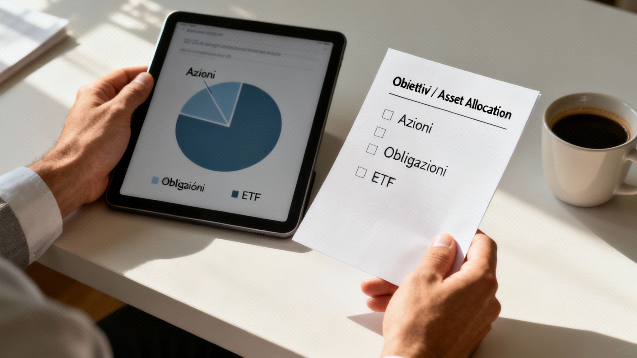 Una persona analizza un grafico di investimento su uno schermo con diversi ETF disponibili