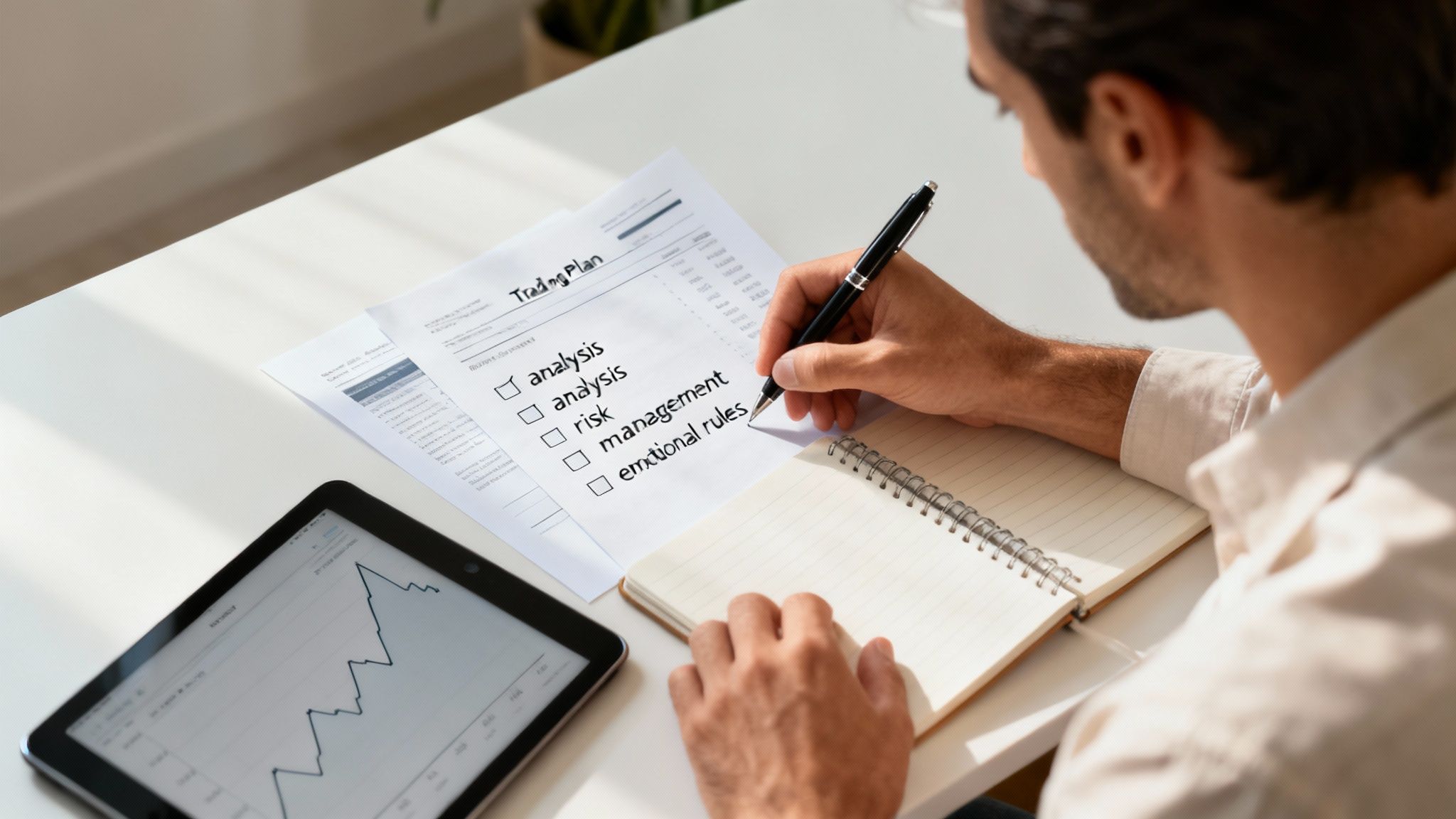 Un trader che analizza grafici di trading su più schermi in una stanza buia.