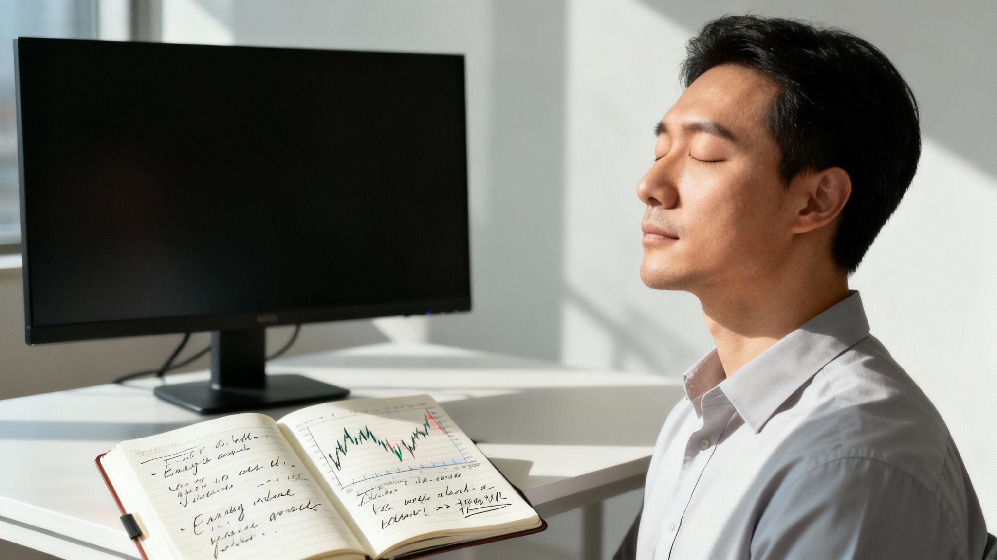 Trader concentrato davanti ai monitor di trading