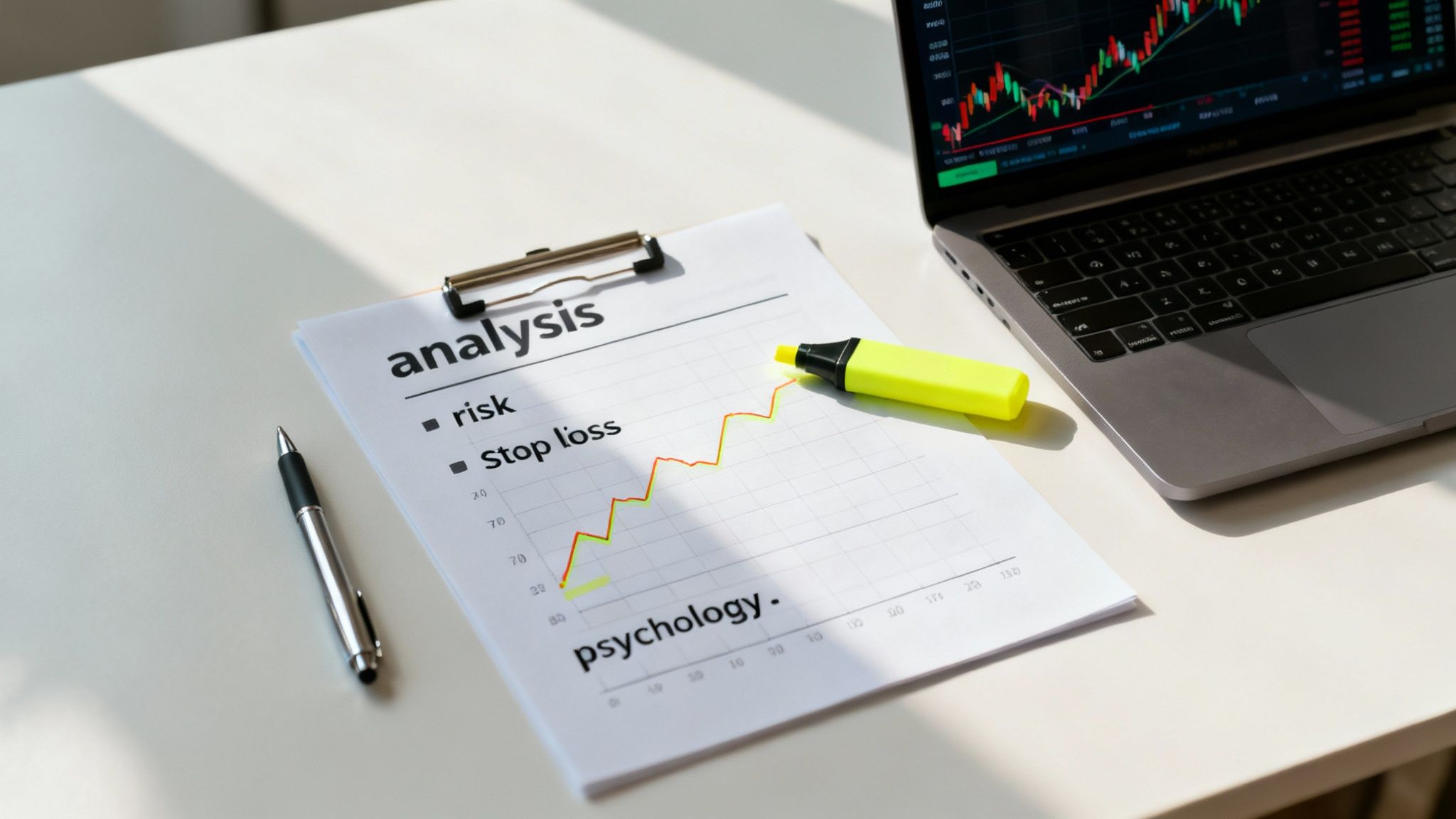 Documento di analisi finanziaria con grafico, evidenziatore giallo e laptop che mostra dati di trading