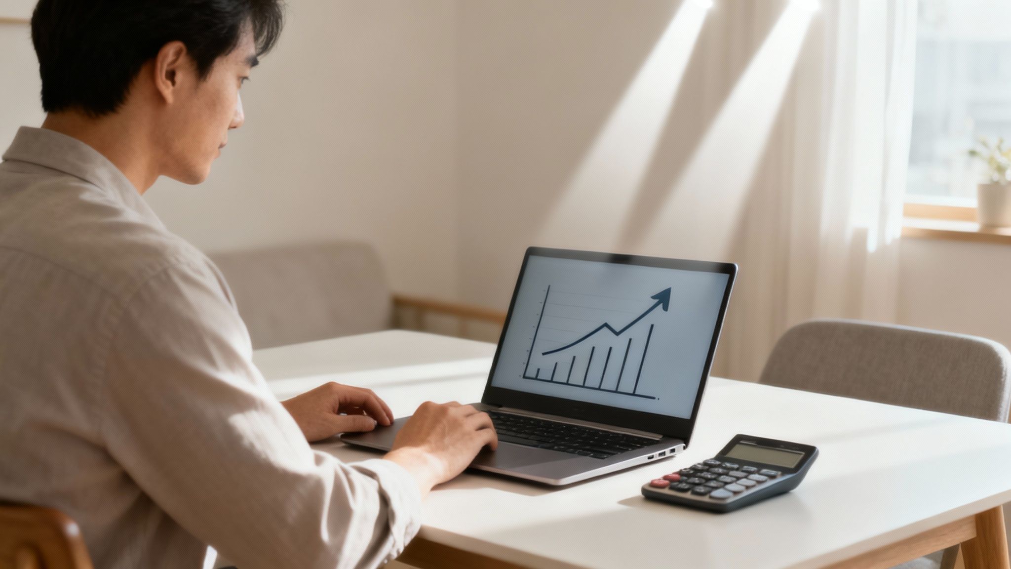 Uomo che analizza grafici di crescita finanziaria su laptop per pianificare una seconda entrata