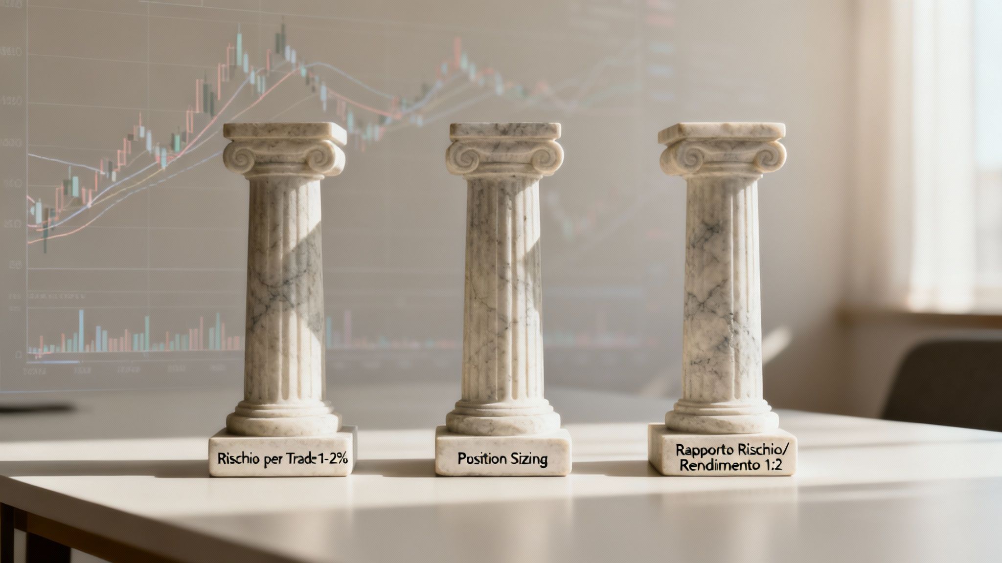 Una visualizzazione grafica dei tre pilastri del money management trading: rischio, dimensione della posizione e rapporto rischio/rendimento.