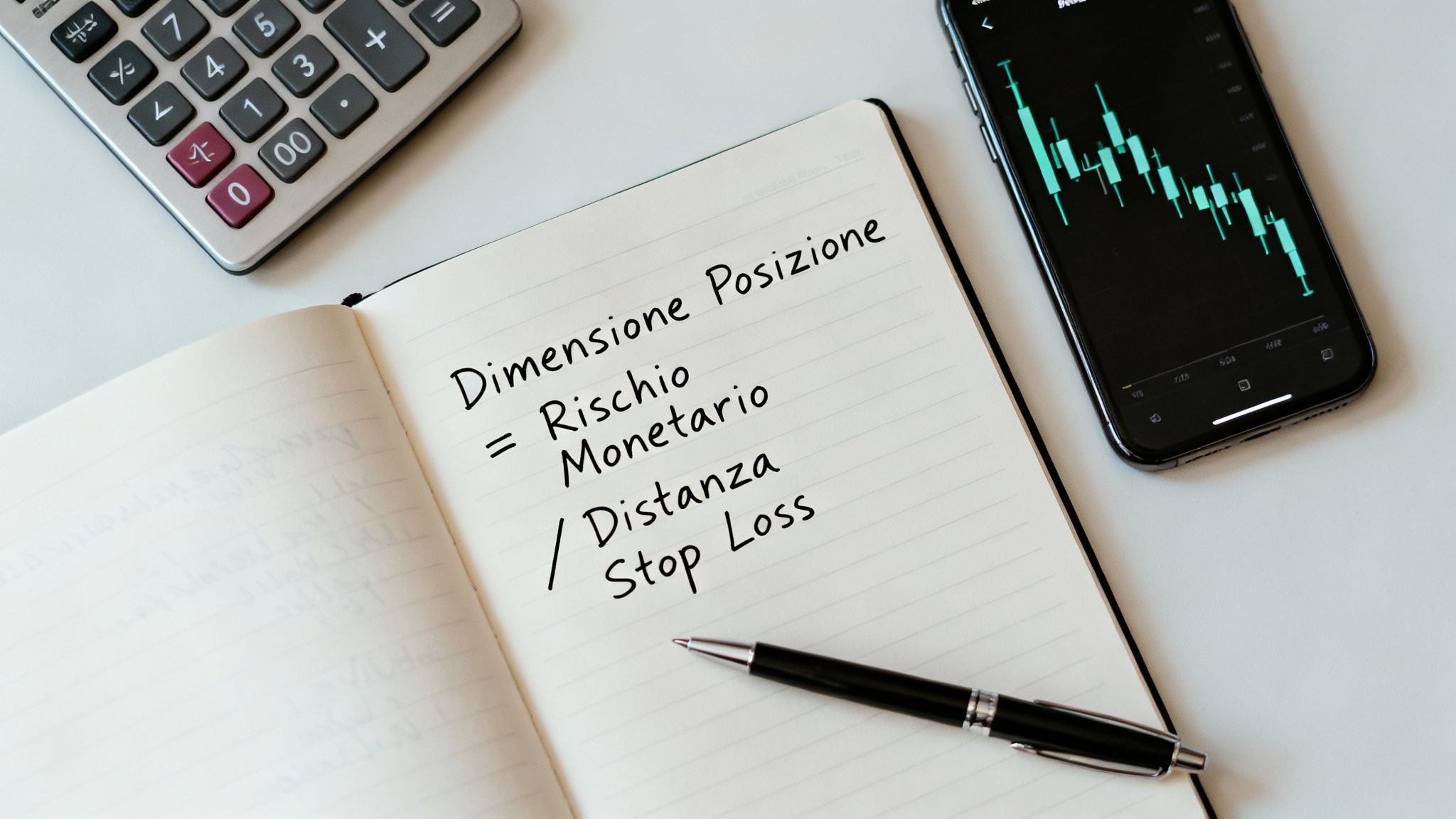 Una calcolatrice su una scrivania con grafici finanziari sullo sfondo, a simboleggiare il calcolo preciso nel trading.