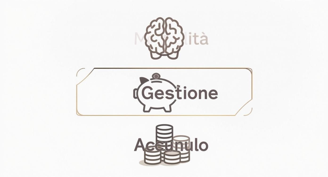 Infografica che mostra tre pilastri per generare reddito: mentalità, gestione finanziaria e accumulo di capitale