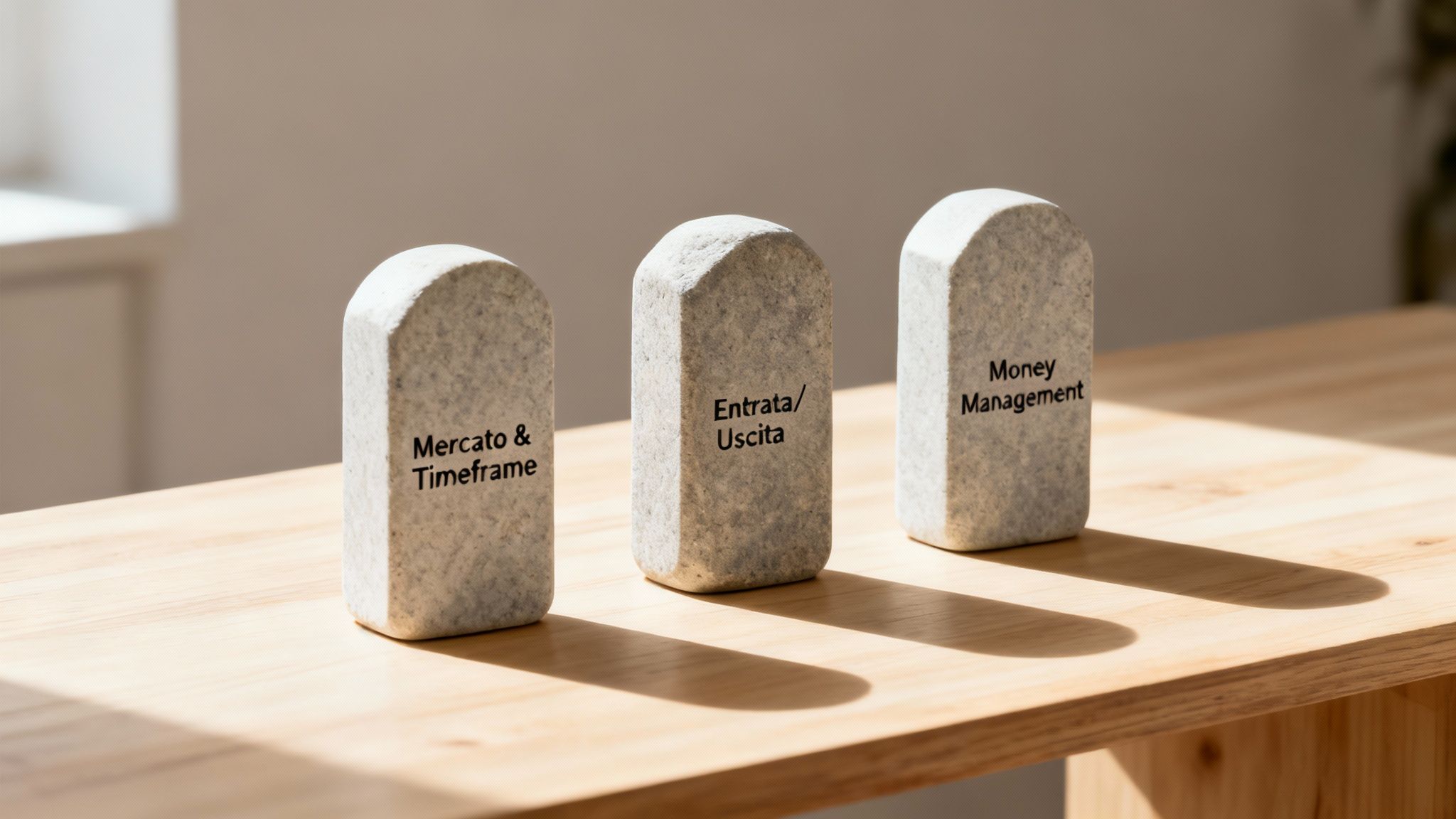 Un piano di trading scritto su un quaderno con un grafico finanziario sullo sfondo.