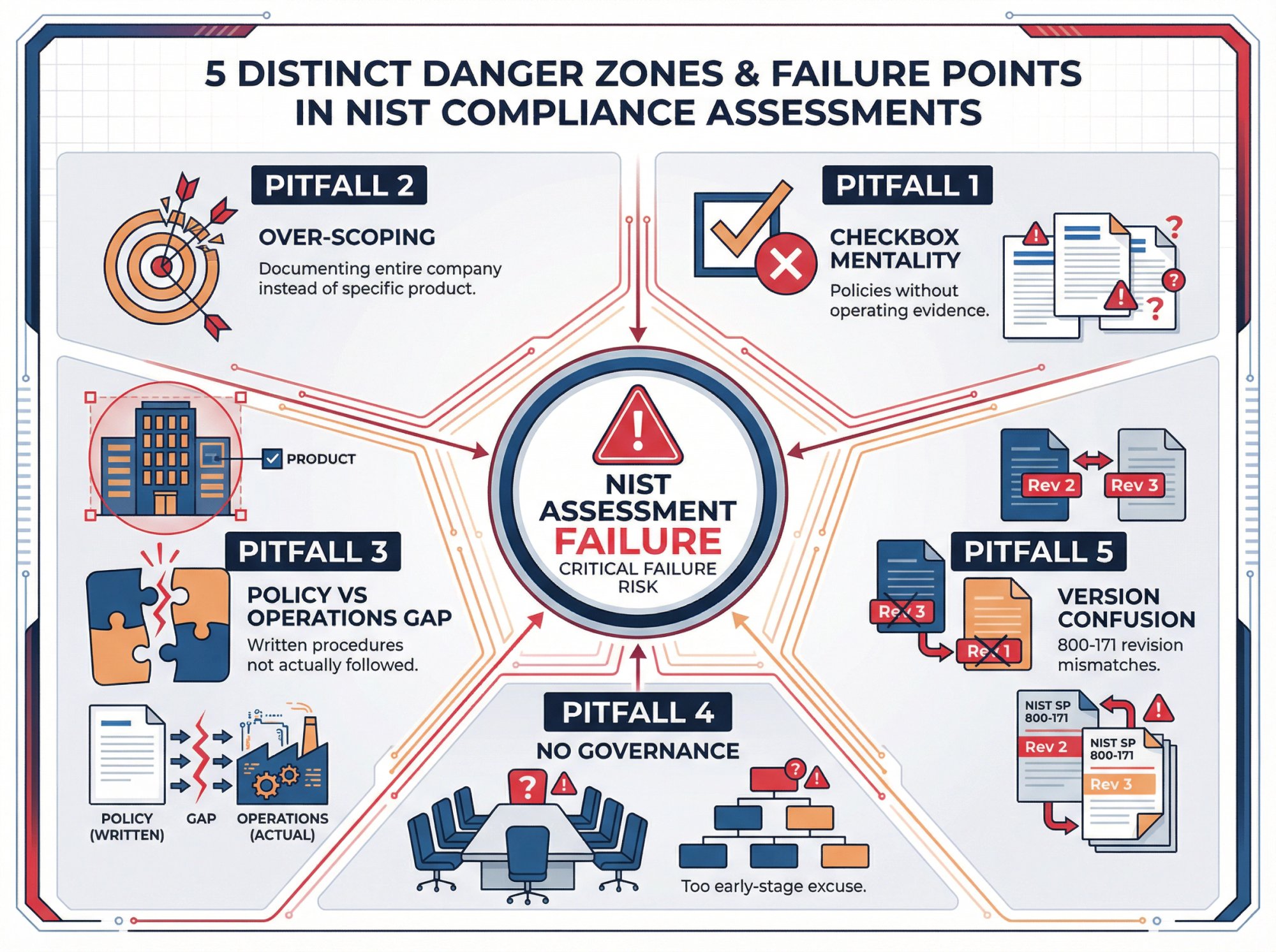 Visual diagram showing 5 critical NIST compliance pitfalls that cause assessment failures