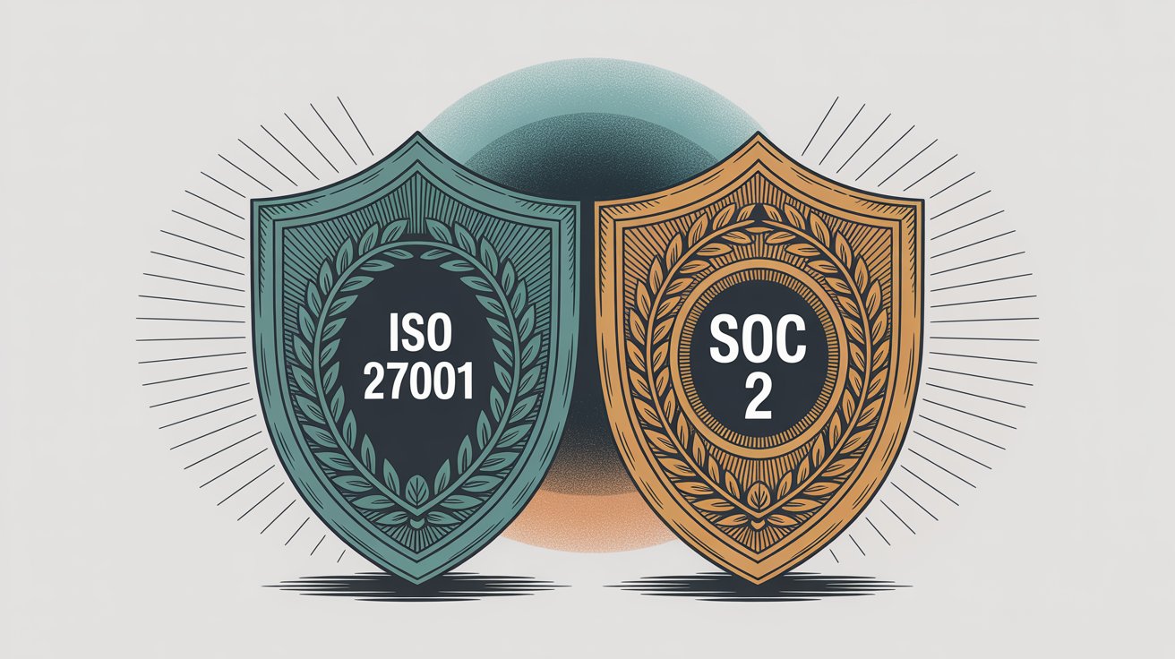 ISO 27001 vs SOC 2 compliance certification comparison showing two professional shield badges representing each framework