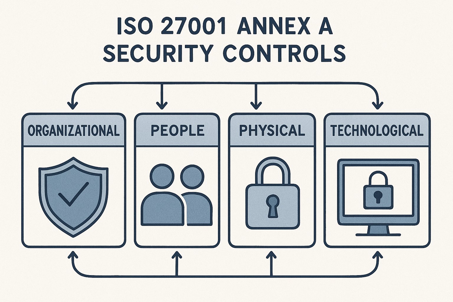 ISO 27001 Annex A security controls illustrated as four organized categories - Organizational, People, Physical, and Technological controls - shown as distinct but interconnected groups in a cohesive security framework