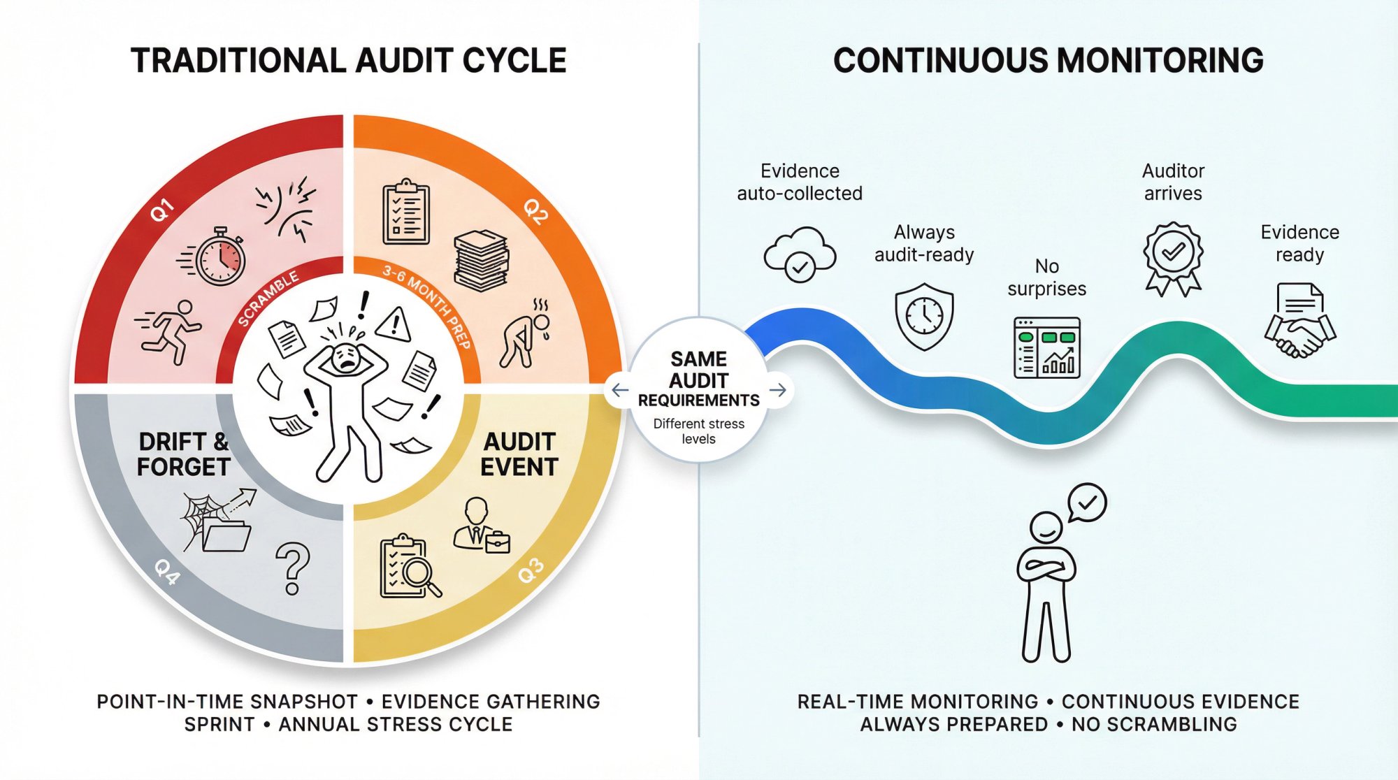 Comparison showing traditional annual audit cycle versus continuous monitoring creating always-ready audit state