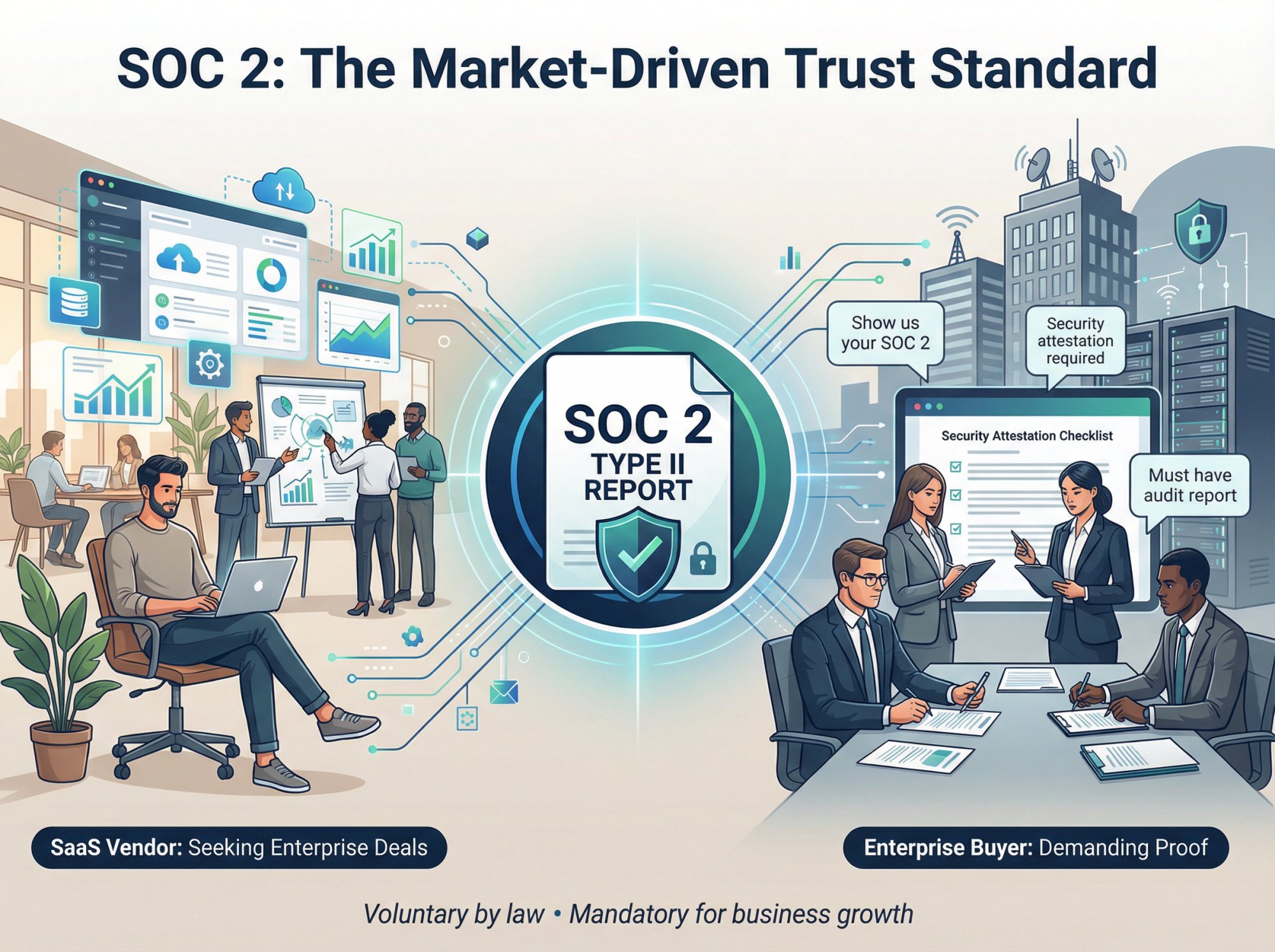 Visual representation of SOC 2 as the trust mechanism between SaaS vendors and enterprise buyers