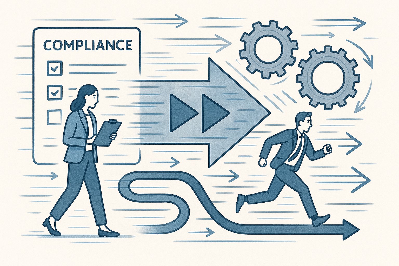 Illustration demonstrating automation and speed in ISO 27001 compliance, showing streamlined workflows and rapid progress through automated processes, with visual metaphors for efficiency and accelerated timelines