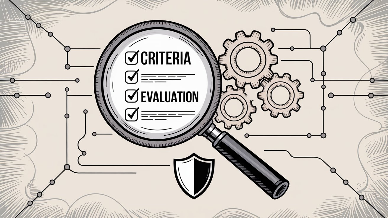 Evaluation framework showing security tool criteria assessment with magnifying glass and checklist