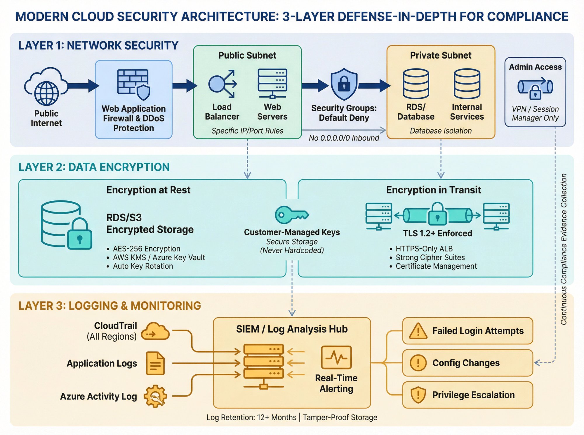 Technical diagram showing three-layer cloud security architecture with network controls, encryption, and logging