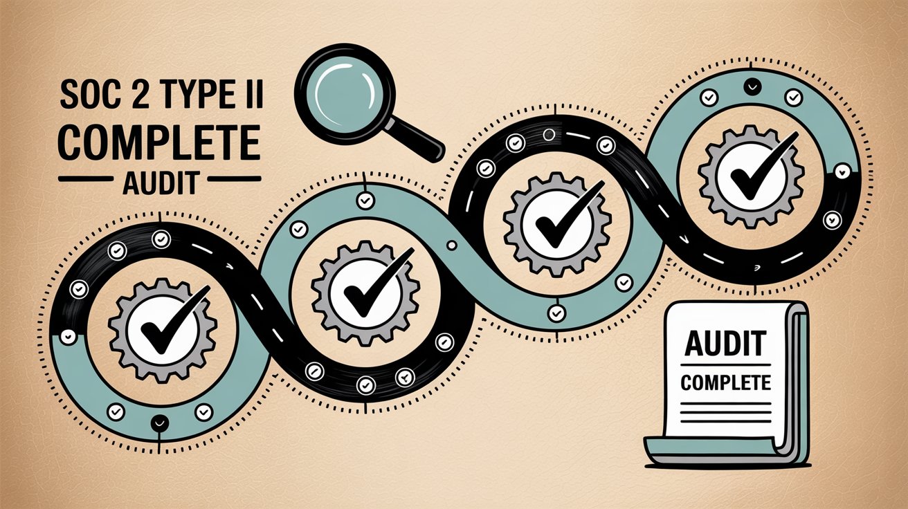 Professional illustration showing complete SOC 2 Type II audit timeline from preparation through observation period to final report