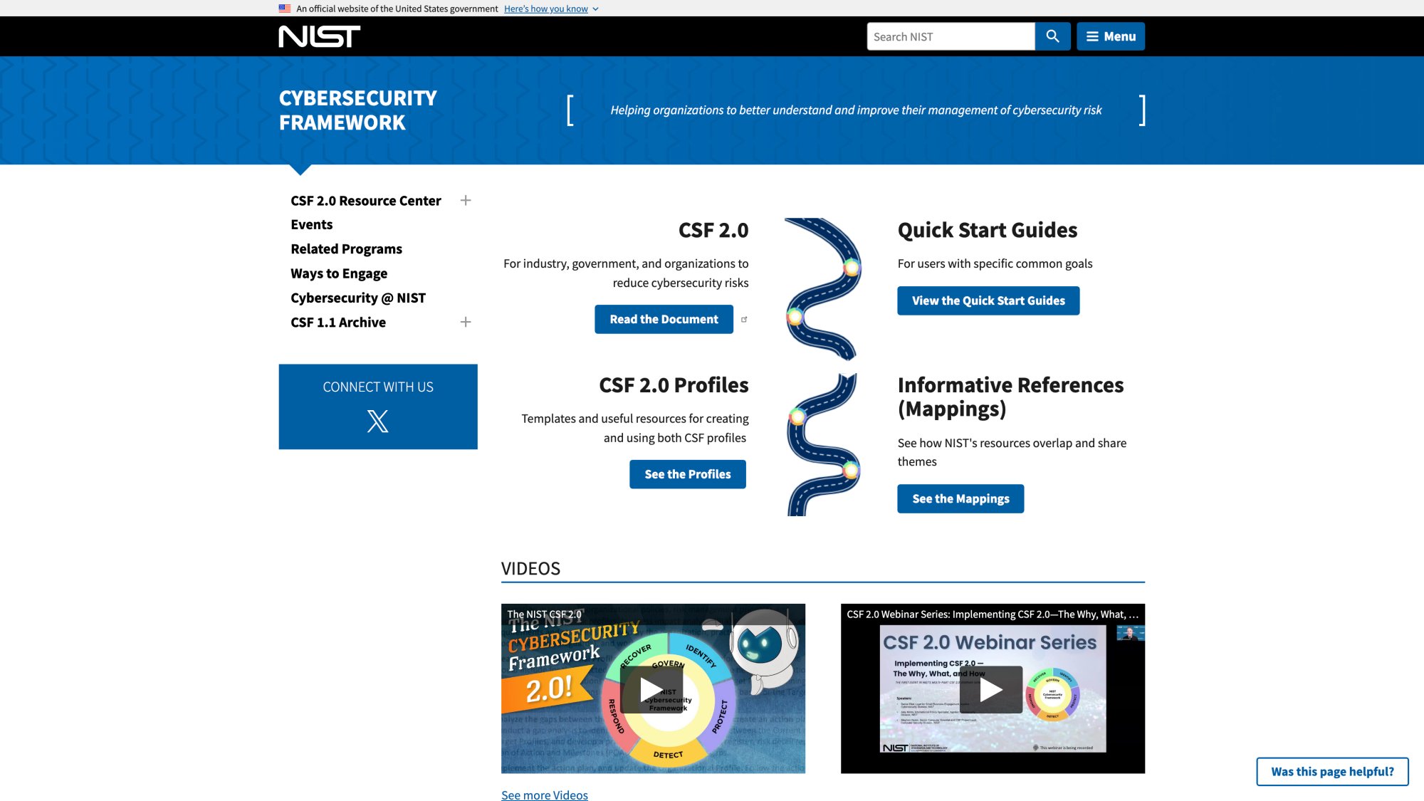 NIST Cybersecurity Framework homepage showing the official framework documentation and resources