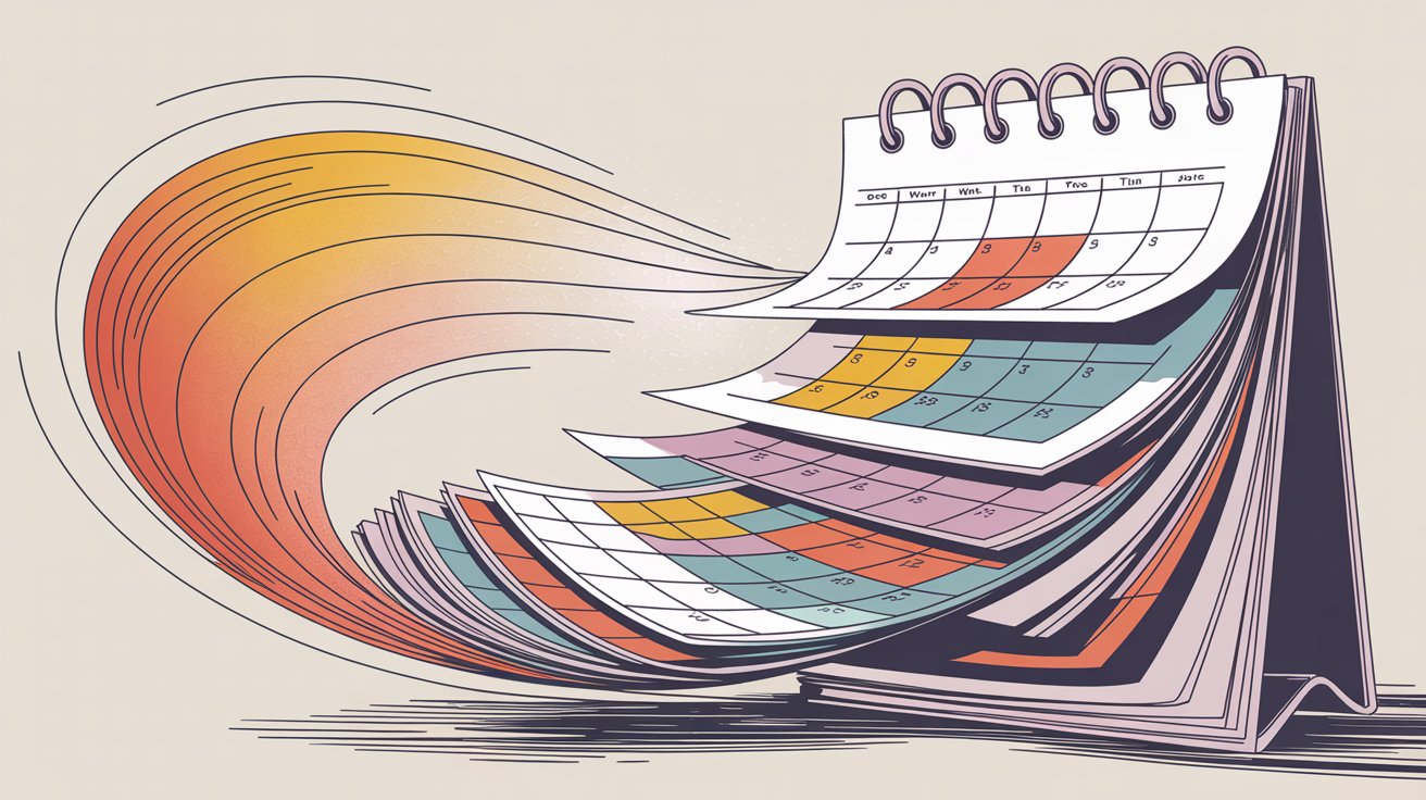 Calendar pages flowing and compressing from months to days, illustrating dramatic time savings through automation