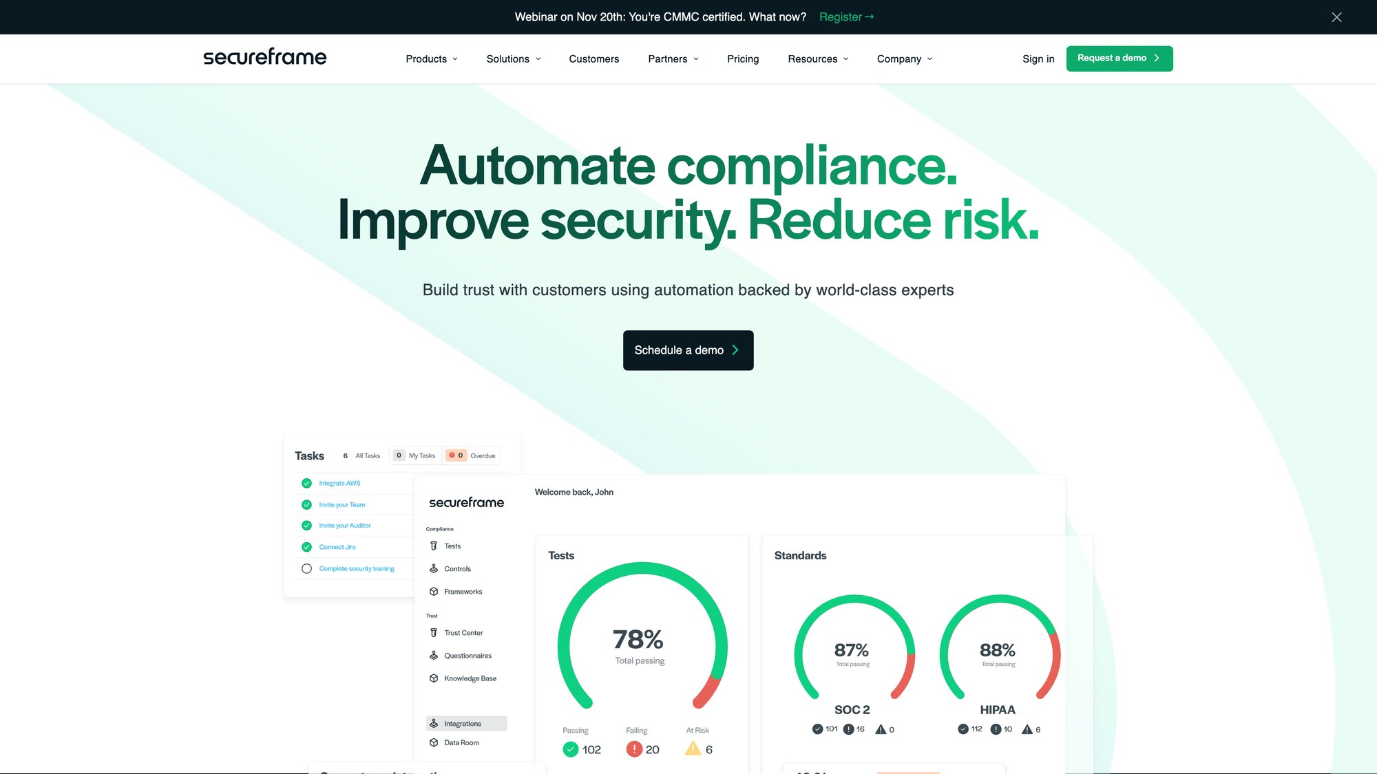 Secureframe compliance automation platform homepage showing guided workflow approach for SOC 2, ISO 27001, and HIPAA certifications
