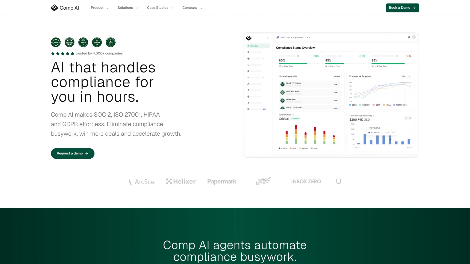 Comp AI compliance automation platform homepage showing dashboard with SOC 2, ISO 27001, HIPAA compliance status overview and audit tracking
