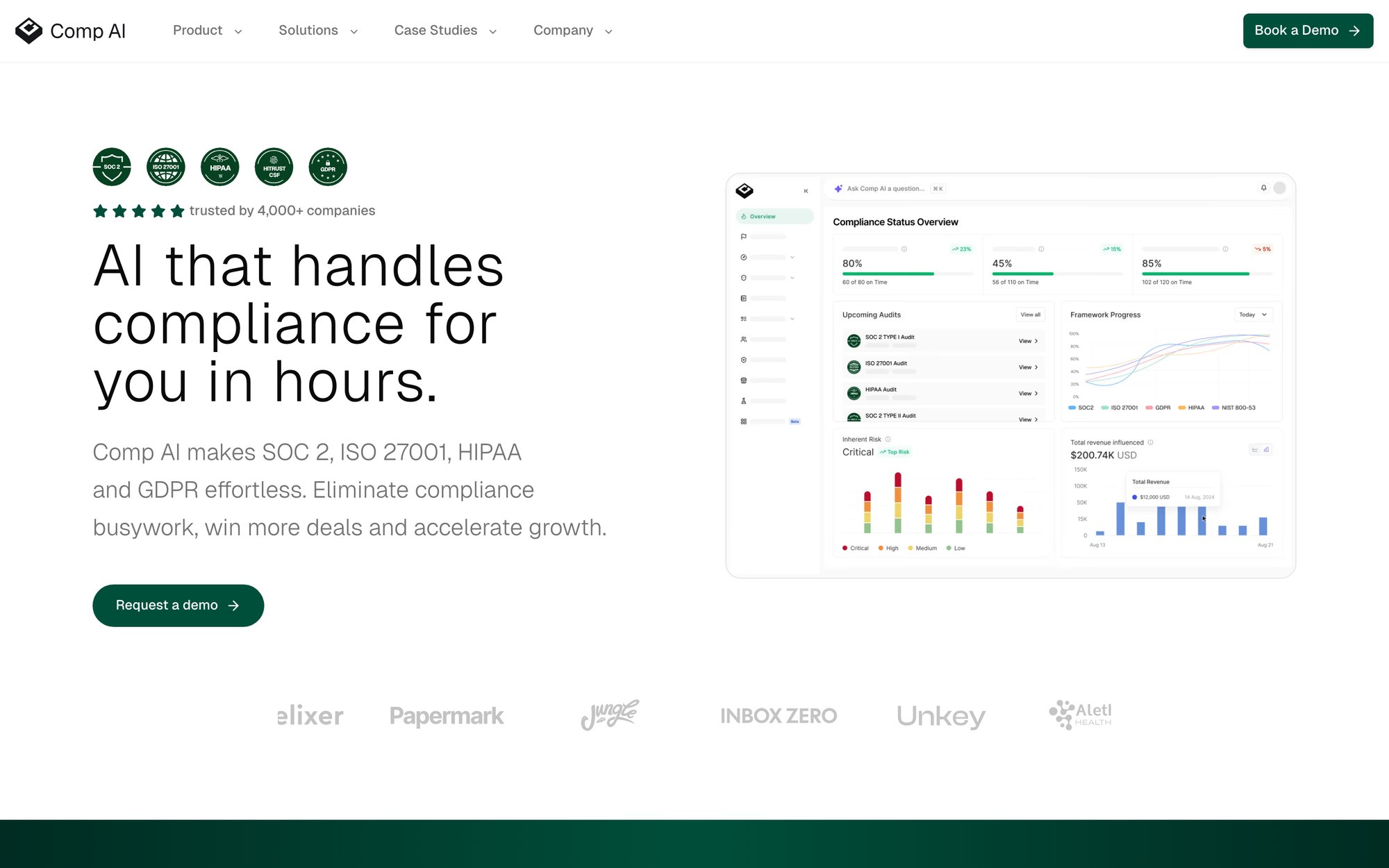 Comp AI compliance automation platform homepage showing automated evidence collection and AI-powered ISMS implementation