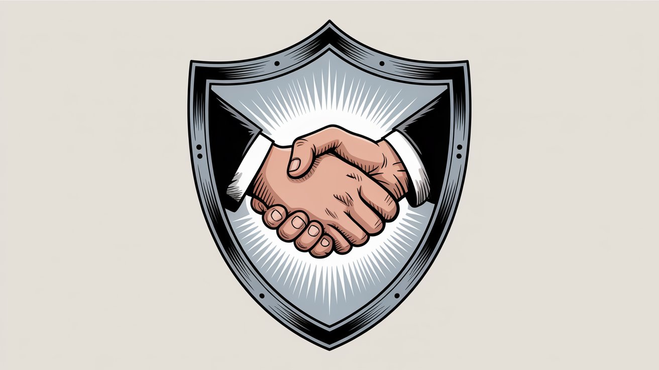 Professional handshake within security shield emblem representing trust and partnership enabled by ISO 27001 certification