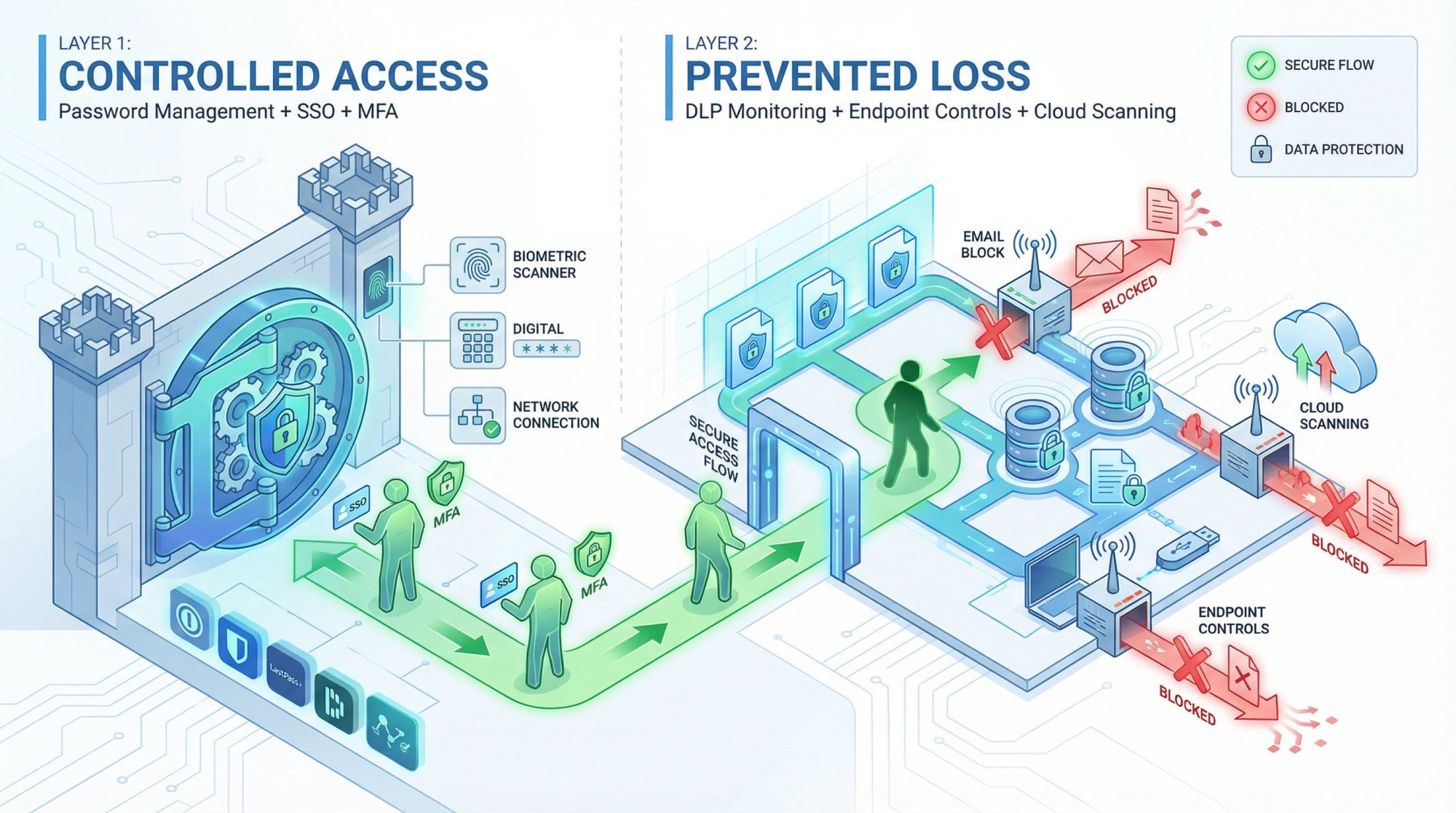 Two-layer security visualization: password managers controlling access at the gate, DLP tools monitoring data leaving the organization