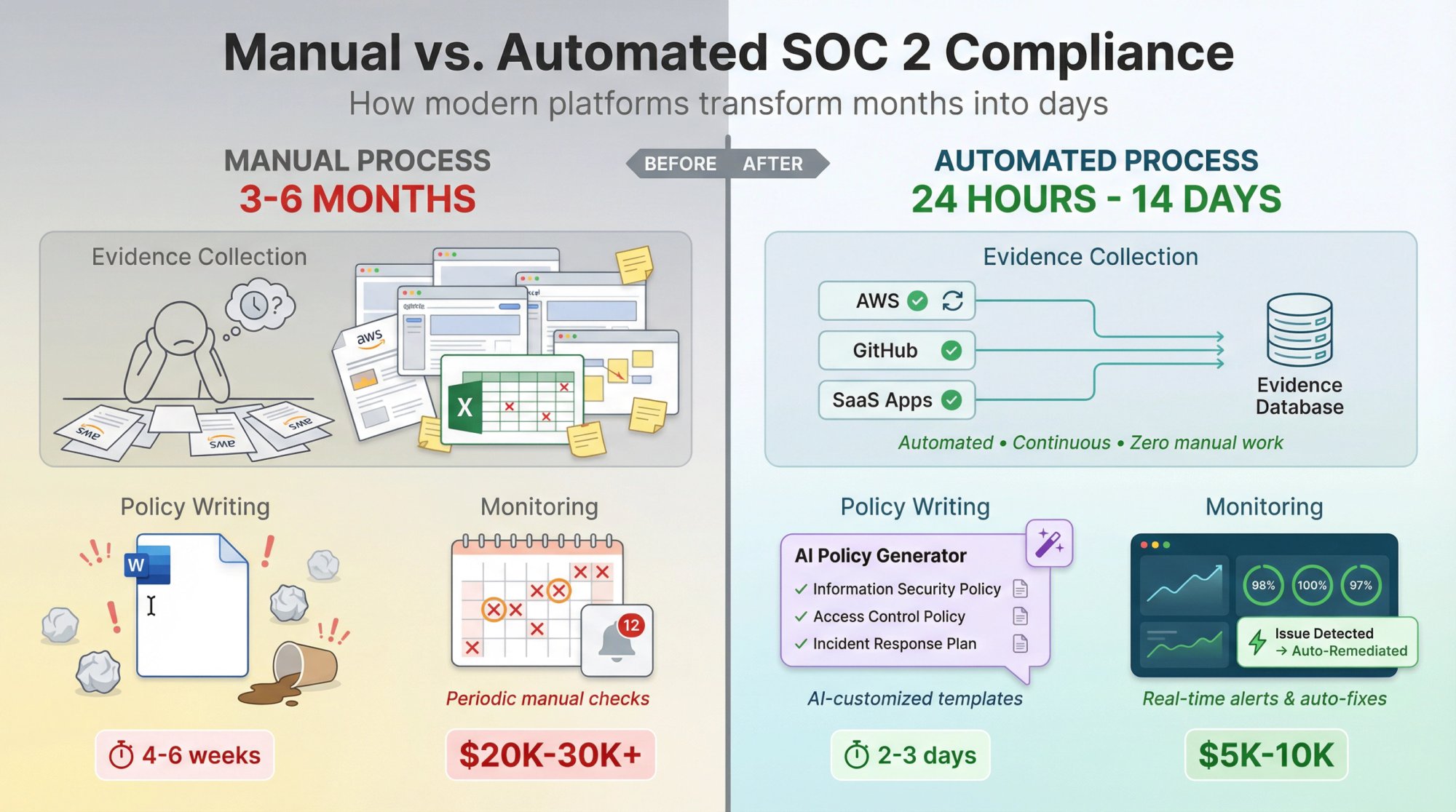 Split comparison showing manual SOC 2 compliance process versus modern automated compliance workflow