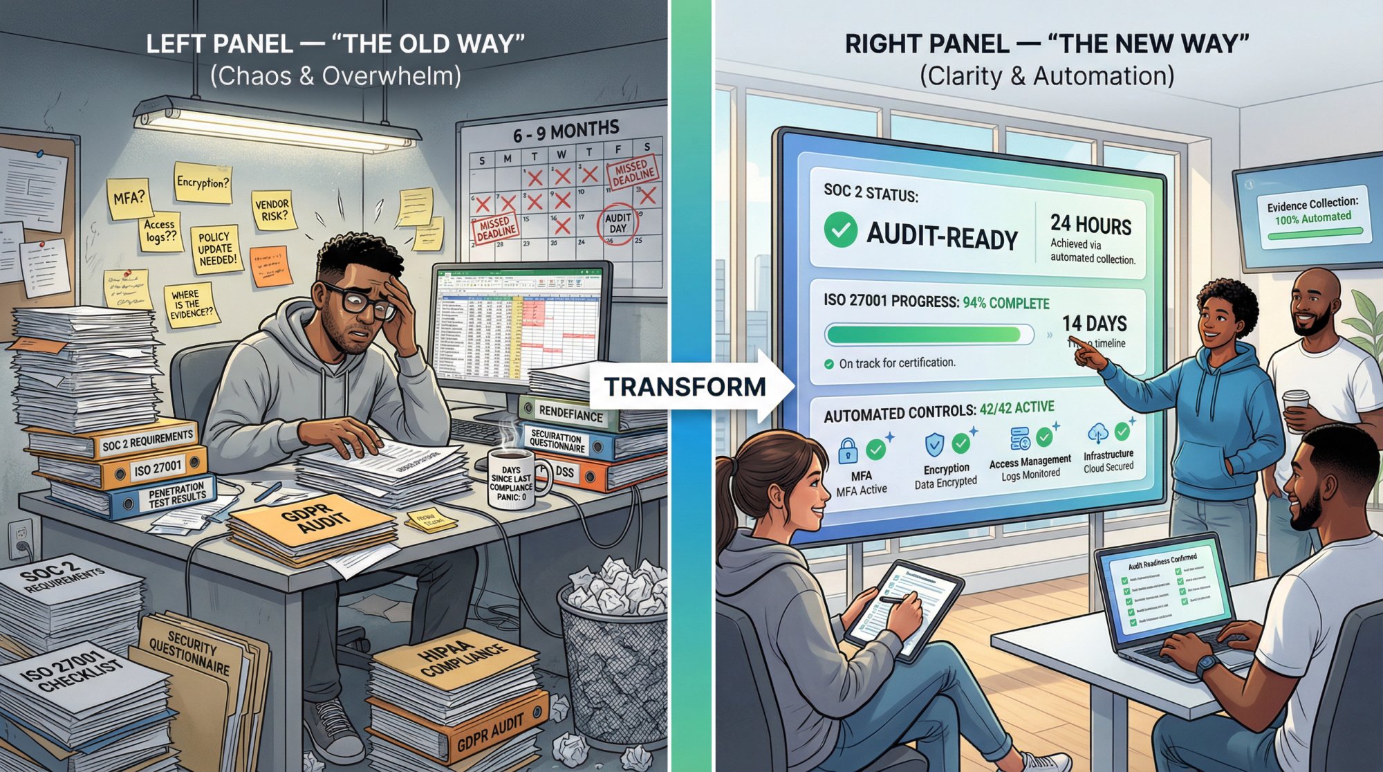 Side-by-side visual showing overwhelmed founder buried in compliance paperwork versus modern SaaS team using automated compliance dashboard