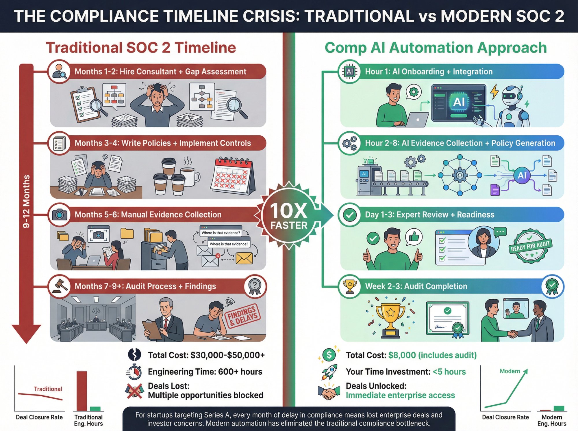 Infographic contrasting 6-12 month traditional SOC 2 timeline with modern 24-hour automation approach for startups