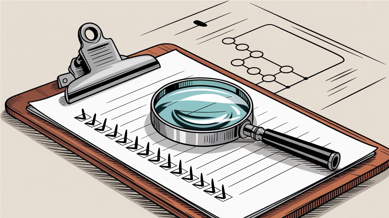 Illustration of compliance gap analysis with clipboard and magnifying glass representing detailed review process