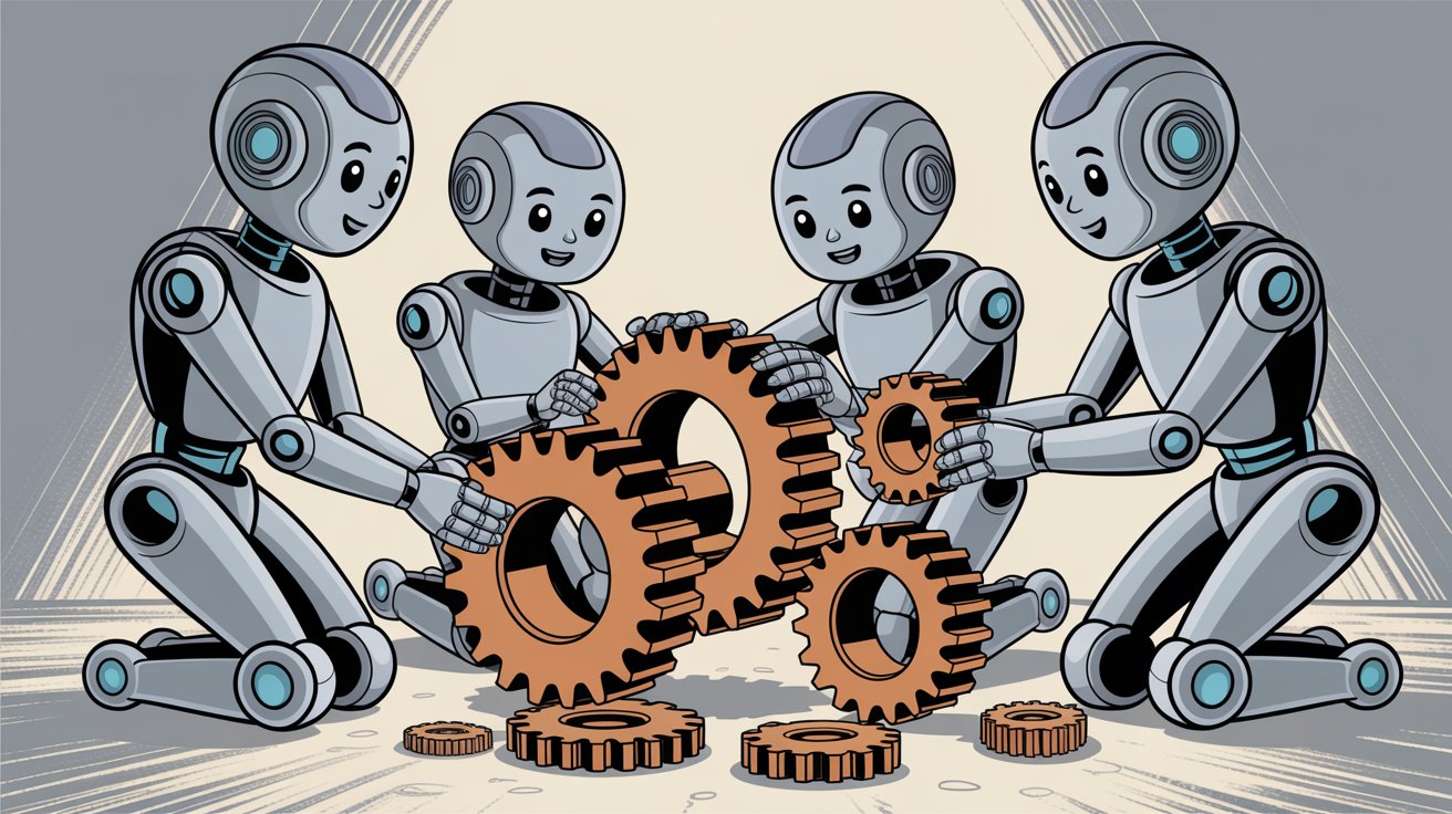 Four friendly robots working together cooperatively assembling orange gears, representing Comp AI's 100% automation rate and AI agents handling all compliance tasks