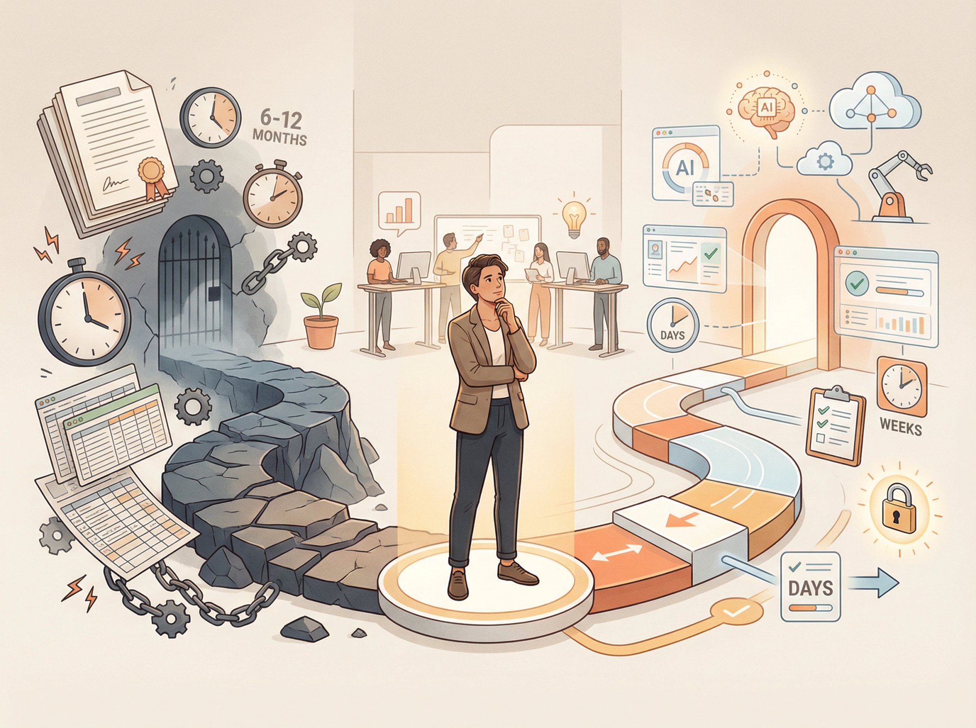 Startup founder weighing timing decision between traditional and modern SOC 2 compliance approaches