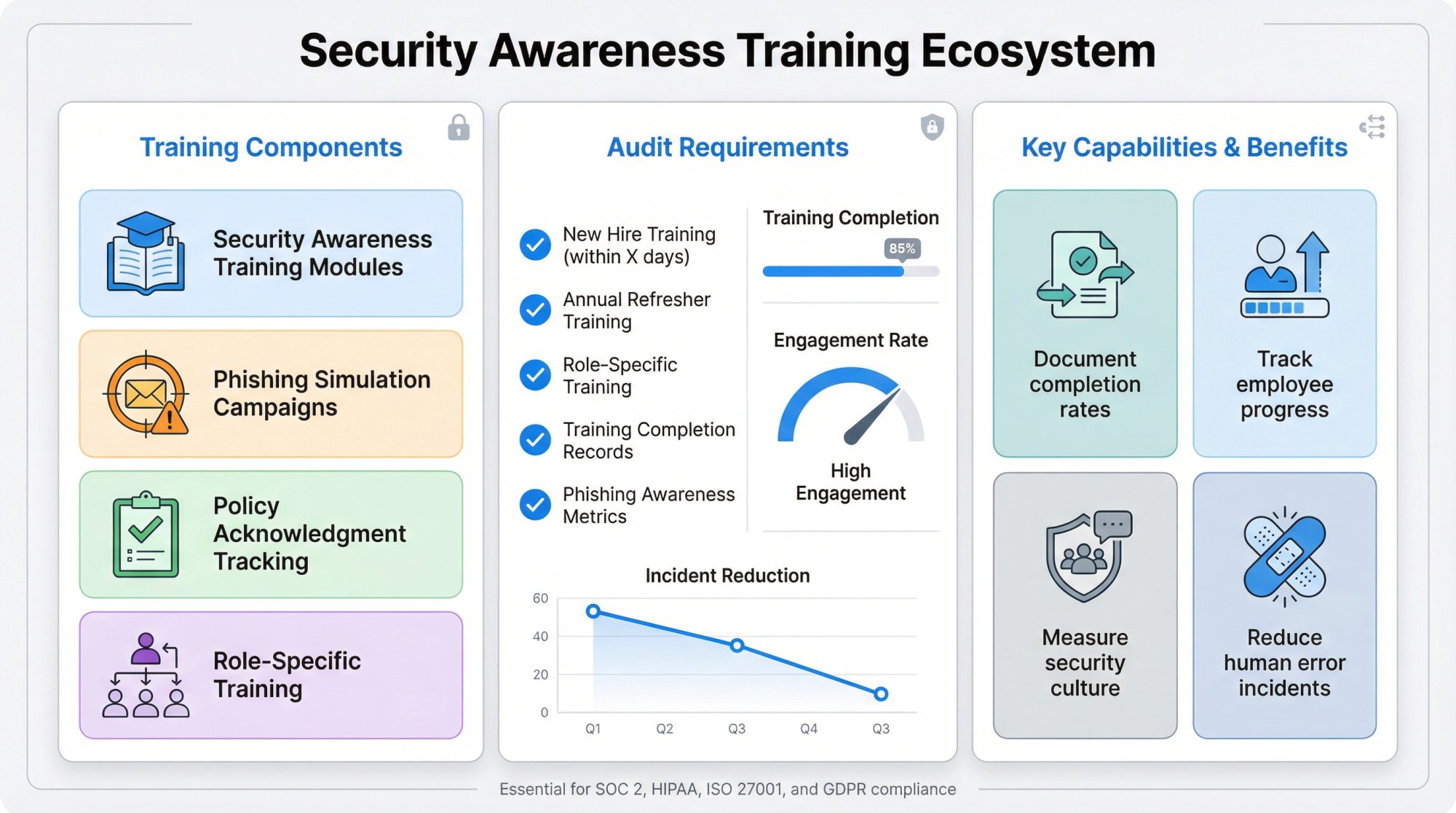 Security awareness training framework showing training modules, phishing simulations, and audit-ready metrics for compliance