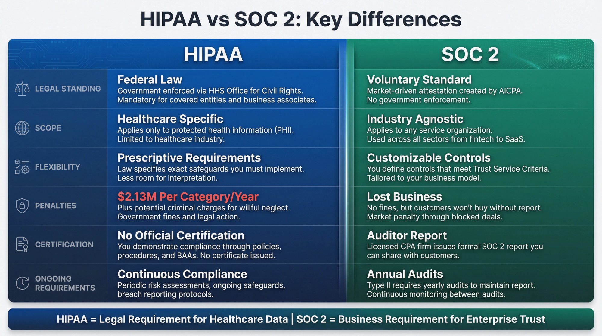 Side-by-side comparison of HIPAA vs SOC 2 showing legal standing, scope, enforcement, and flexibility differences