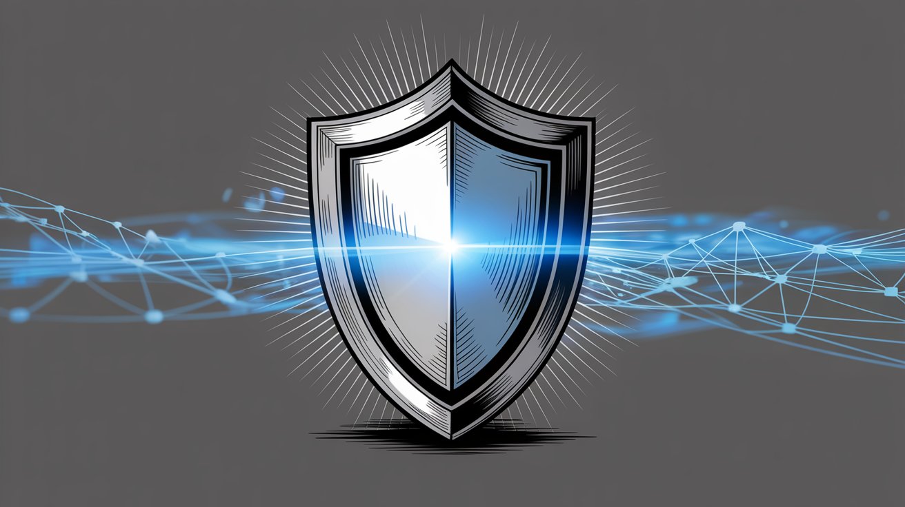 Metallic security shield with radiating light and network connections representing proactive risk management and protection