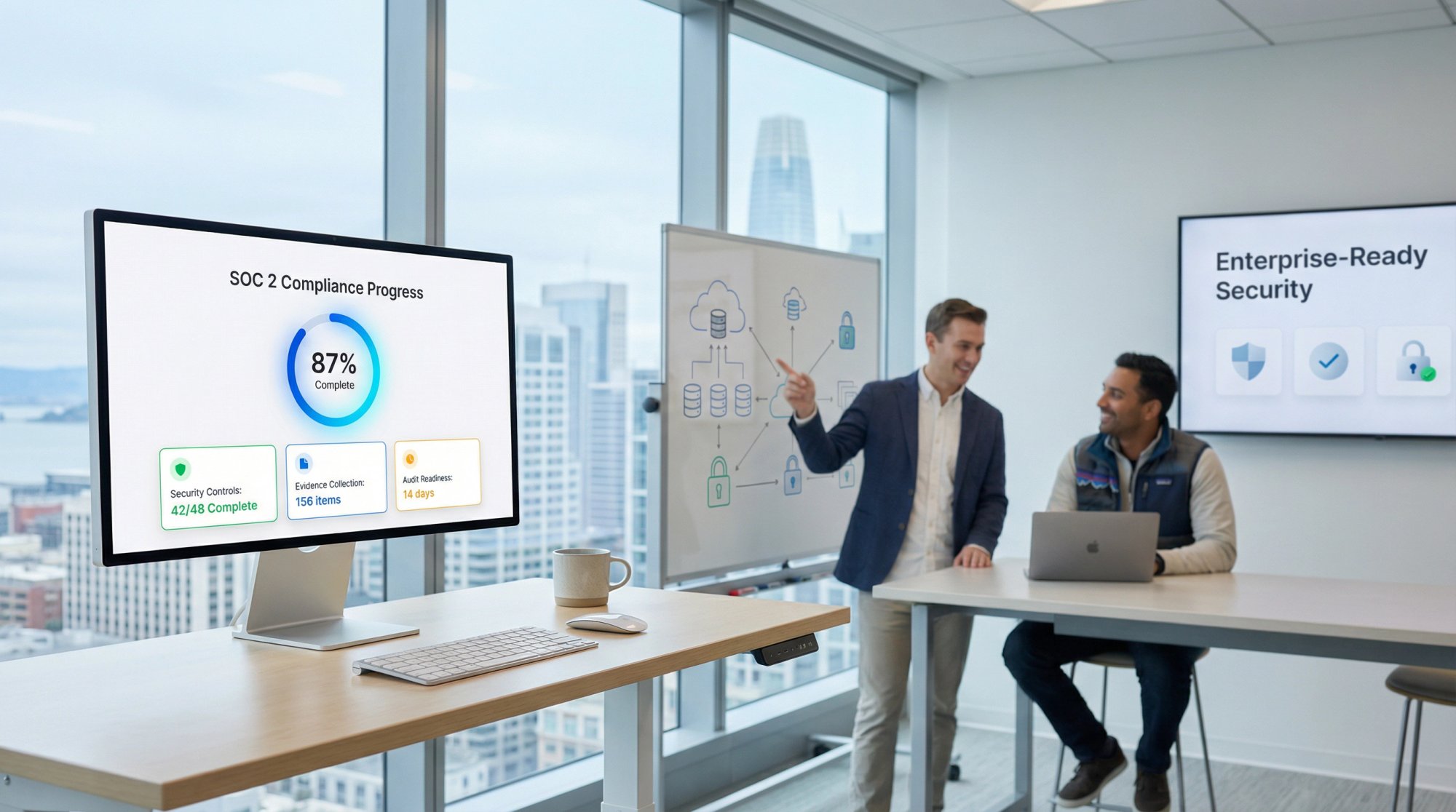 Modern AI company office with security compliance dashboard showing SOC 2 certification progress