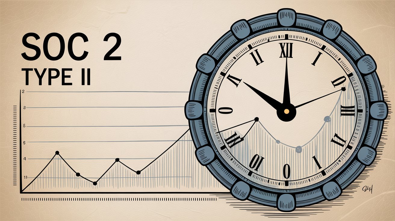 Illustration depicting SOC 2 Type II observation period with continuous monitoring and control validation over time