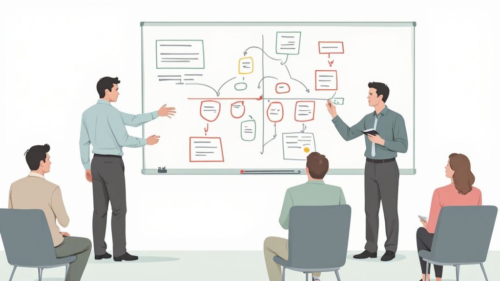 A team collaborating around a whiteboard with security icons, illustrating the process of defining scope and planning.