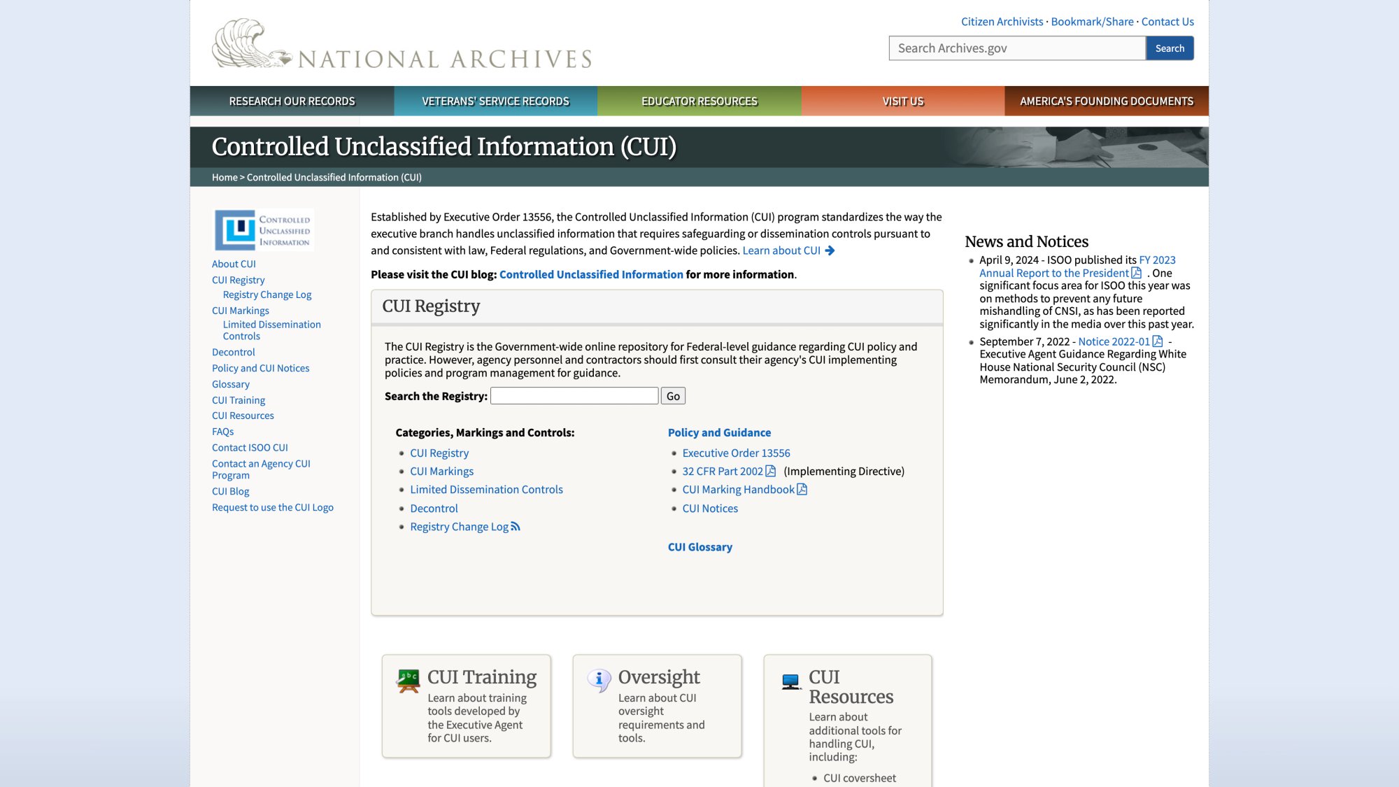 National Archives CUI Registry page showing official controlled unclassified information categories and classifications